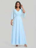 Sweet & Flowy Sky Blue Chiffon A-Line V-Neck Back Zip Ankle-Length Bridesmaid Dress