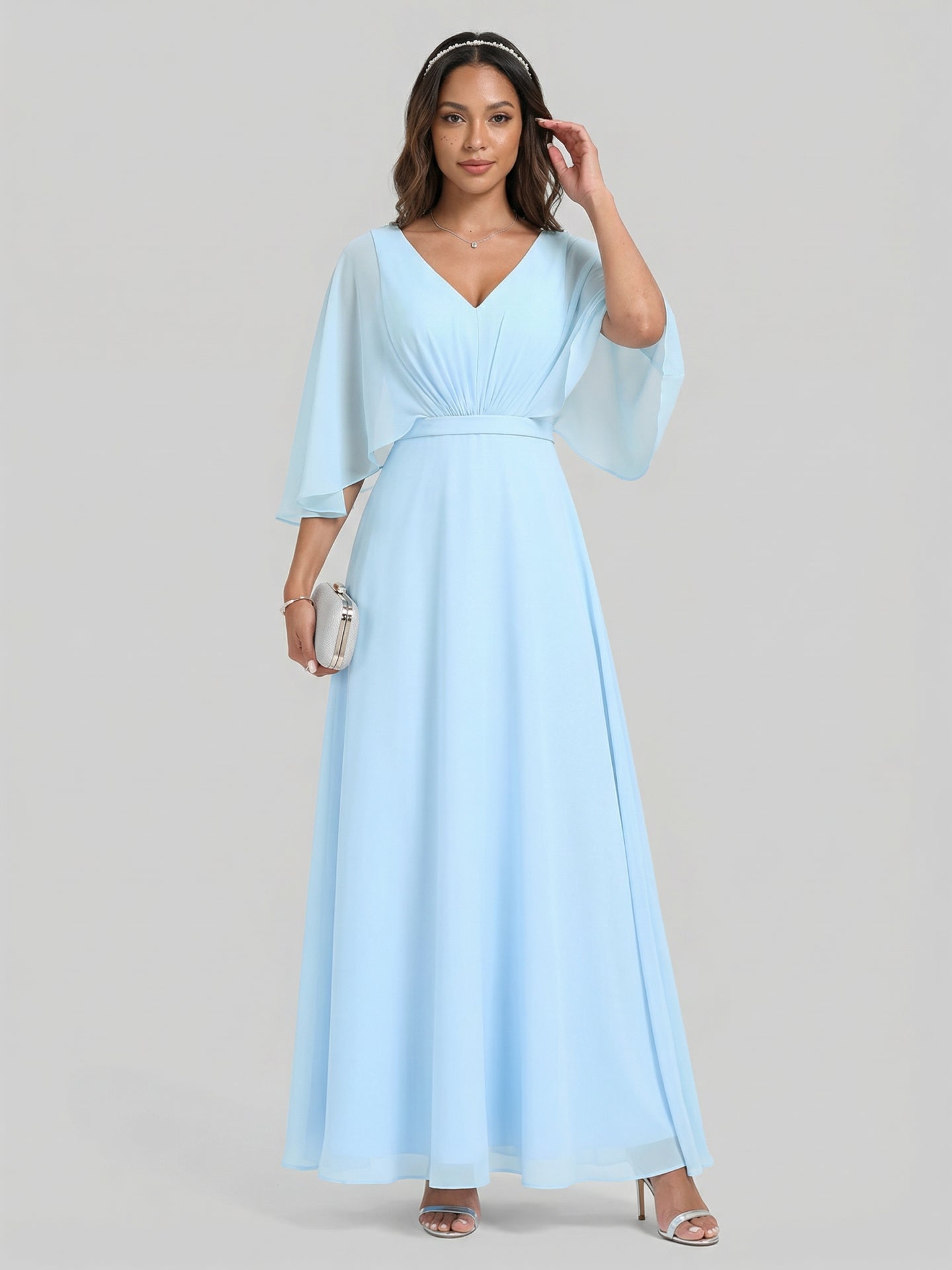 Sweet & Flowy Sky Blue Chiffon A-Line V-Neck Back Zip Ankle-Length Bridesmaid Dress