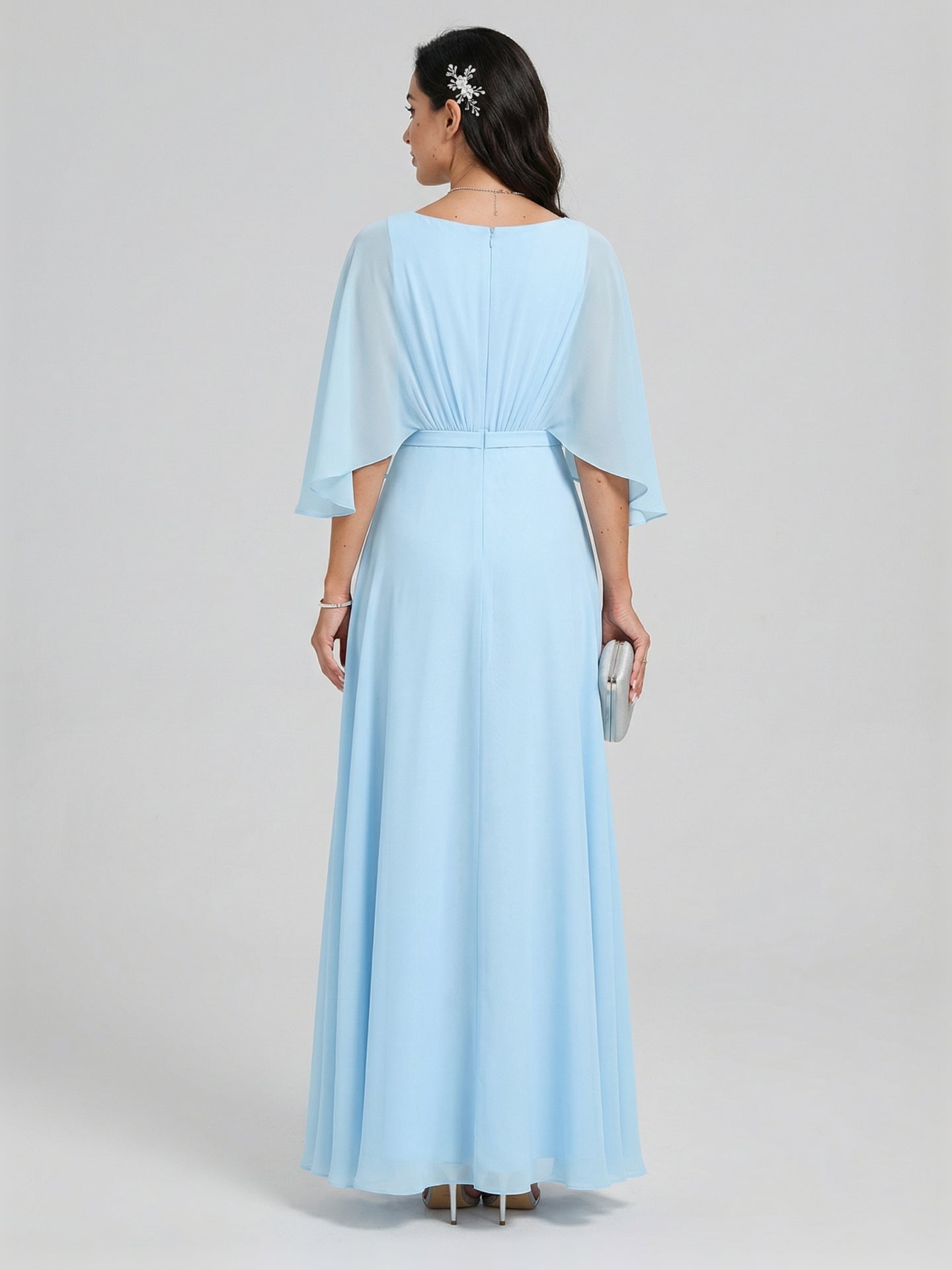 Sweet & Flowy Sky Blue Chiffon A-Line V-Neck Back Zip Ankle-Length Bridesmaid Dress