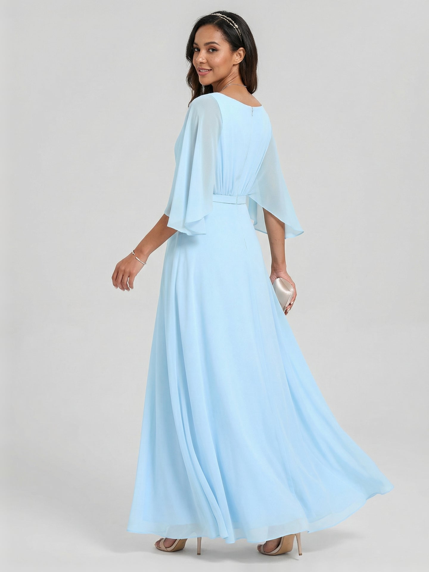 Sweet & Flowy Sky Blue Chiffon A-Line V-Neck Back Zip Ankle-Length Bridesmaid Dress