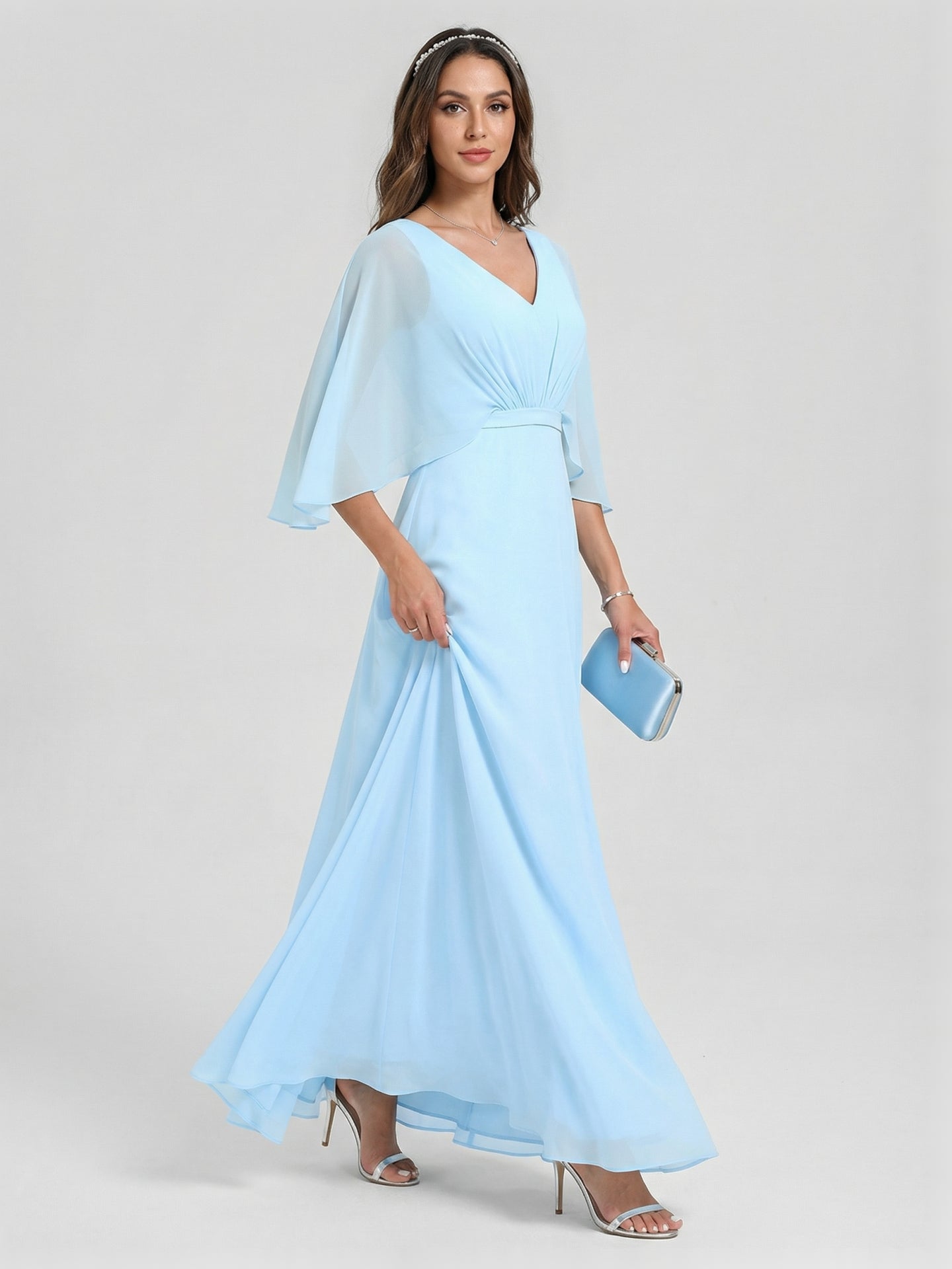 Sweet & Flowy Sky Blue Chiffon A-Line V-Neck Back Zip Ankle-Length Bridesmaid Dress